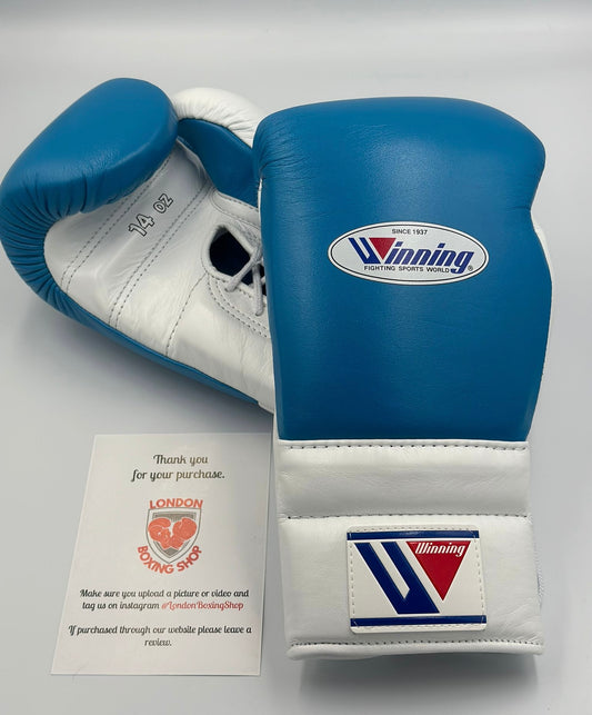 White/Sky Blue Custom Winning Sparring Gloves