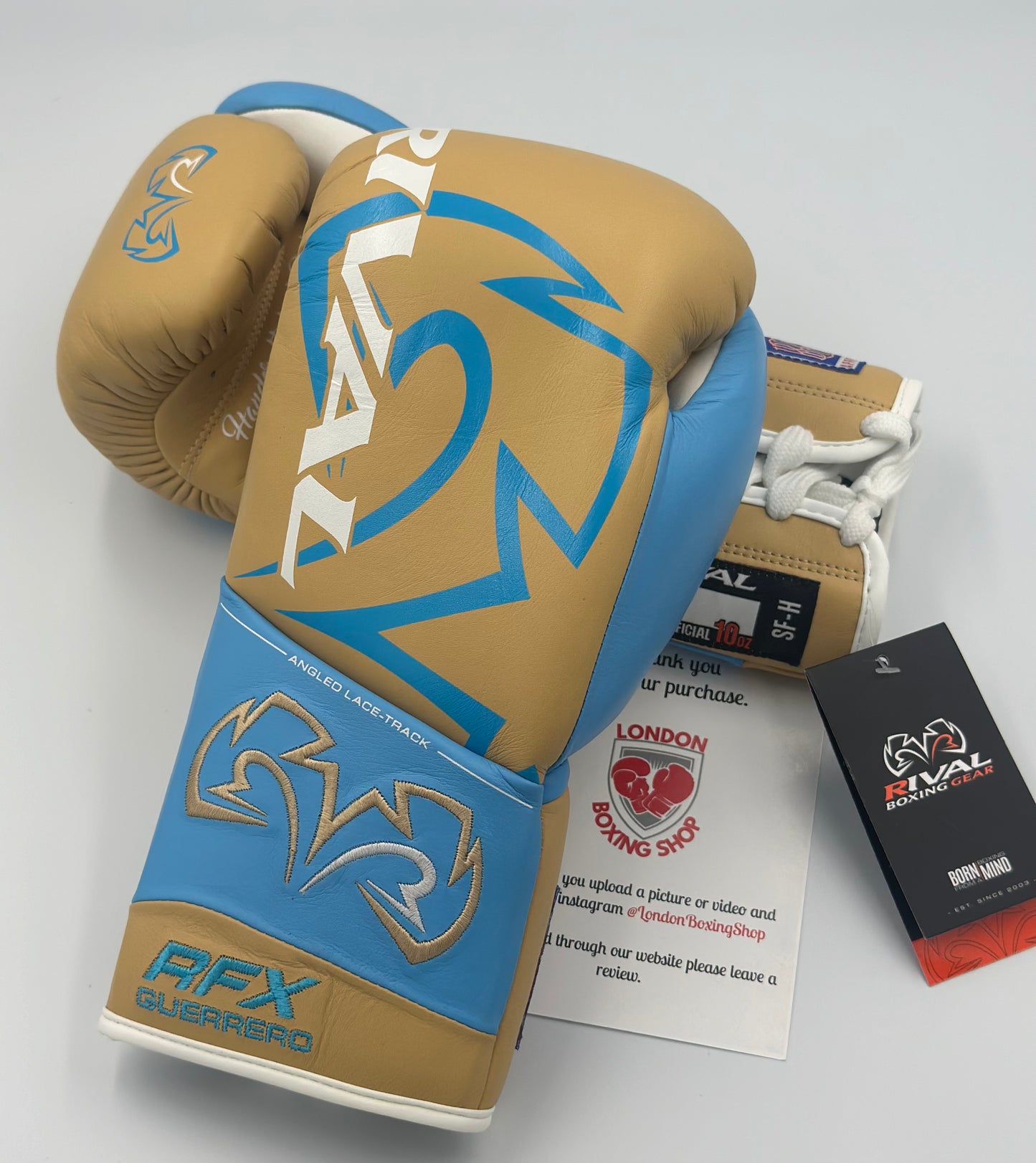 10oz Sky Blue/Gold Custom Rival RFX Guerrero Pro Fight Gloves