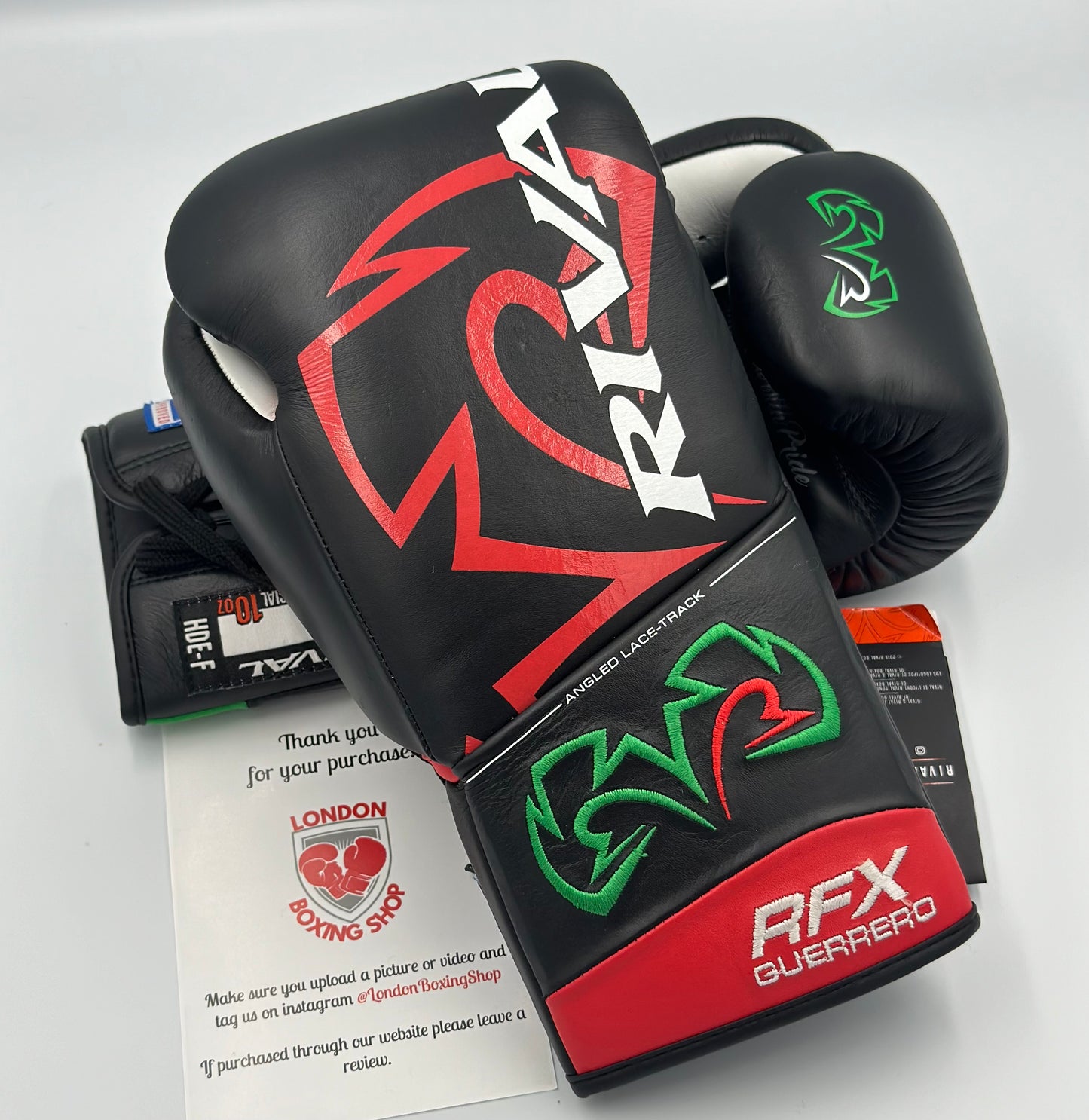 10oz Black/Red/Green with reverse colours on each glove Custom Rival RFX Guerrero Pro Fight Gloves