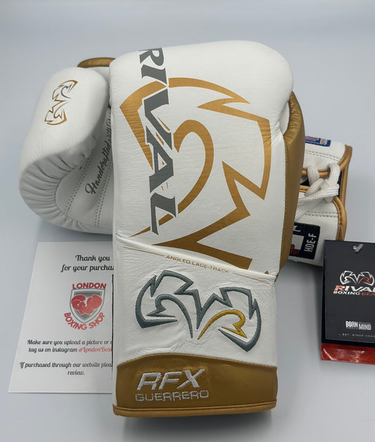 White/Gold 10oz Custom Rival RFX Guerrero Pro Fight Gloves